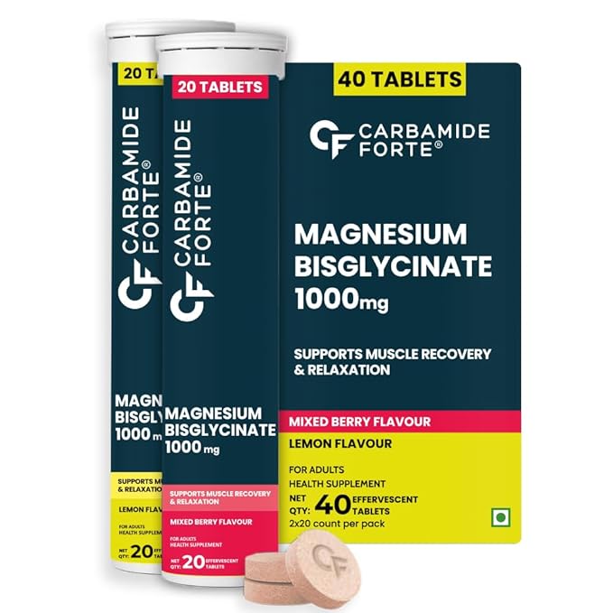 Carbamide Forte Magnesium Supplements Bisglycinate Effervescent Tablets 1000mg | Magnesium Glycinate Tablets | Supports Sleep, Muscle Cramp & Nerve Function - 2 X 20 Tablet - Lemon & Mixed Berry Flavour