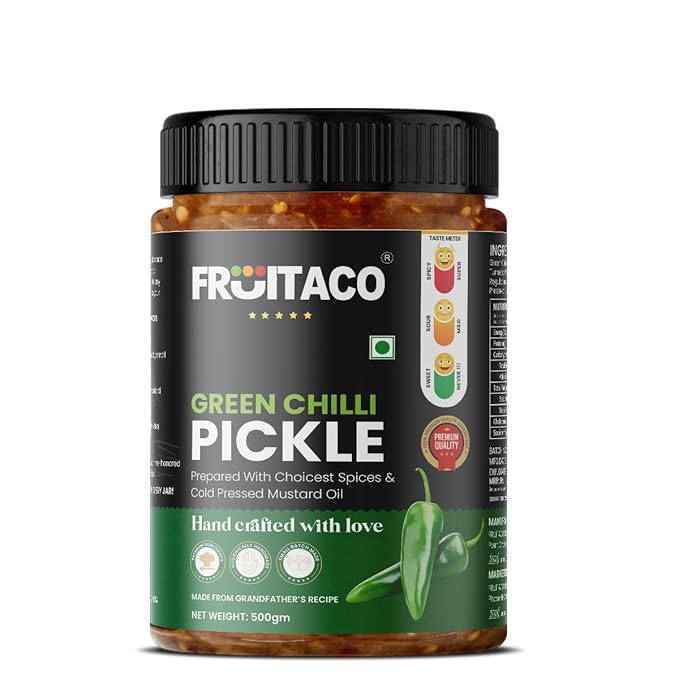 Fruitaco Green Chilli Pickle Authentic Indian Pickle with Tangy and Spicy Flavor | Perfect Side for Meal (500 Gm, Green Chilli Pickle)