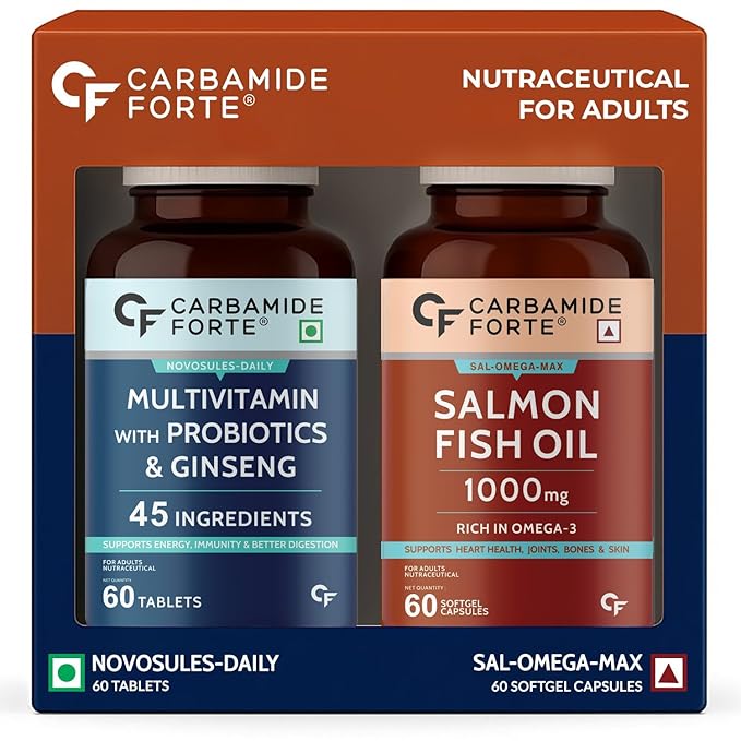 Carbamide Forte Multivitamin Tablet for Men and Women with Probiotics & Omega 3 fish oil capsules | Fish Oil and Multivitamin Combo | Daily Immunity, Heart, Brain & Joint Support | 60 Tablets + 60 Softgel Capsules