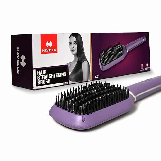 Havells Keratin Infused Hair Straightener Brush With Temperature Control For All Hair Types|50W|2 Years Guarantee|Stunning Purple|Hs4201,50 Watts