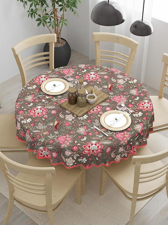 Clasiko 100% Cotton 6 Seater Round Table Cover; 72x72 Inches; Pink Flowers