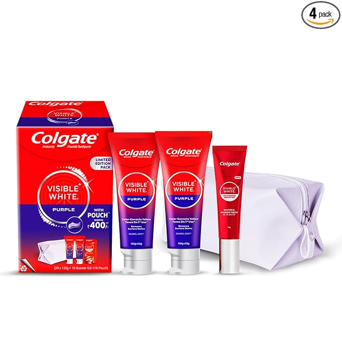Colgate Visible White Purple Toothpaste for Teeth Whitening 240g and Visible White Whitening Booster Gel 13g with Pouch