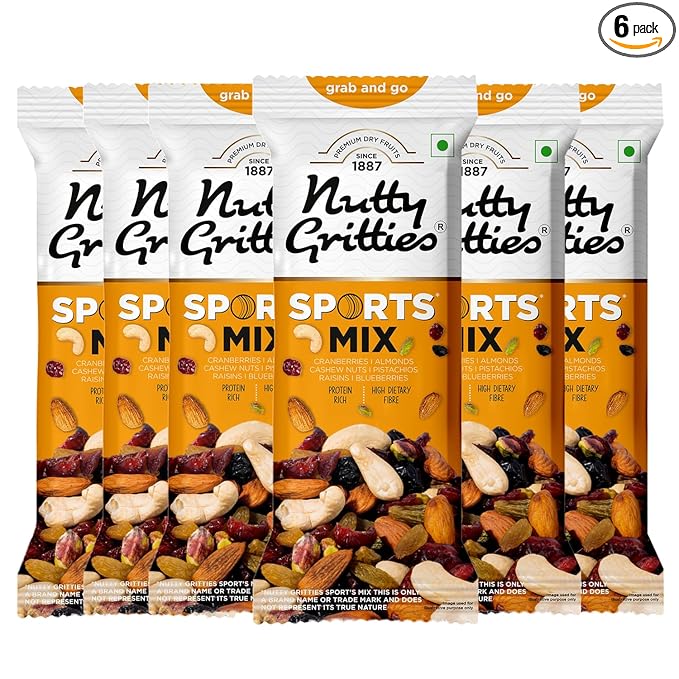 Nutty Gritties Grab And Go Sports Mix | 240g (Each Pouch 40g, Pack of 6) - Roasted Almonds, Cashews, Pistachios, Dried Blueberries, Cranberries and Raisins