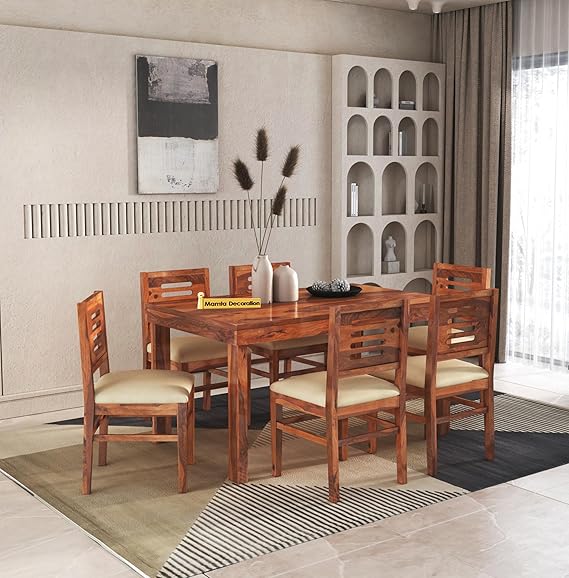 MAMTA DECORATION Sheesham Wood 6 Seater Dining Table with 6 Cushioned Chairs Wooden Dining Set for Home Living Room (Honey Finish)