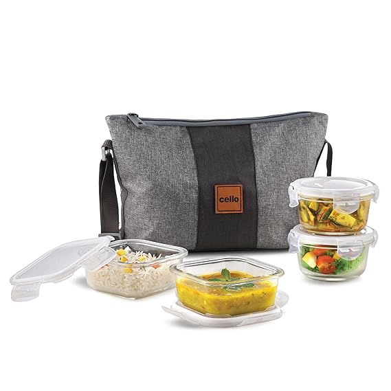 CELLO Glassy Square Lunch Box Set of 4 | Leak-Proof Toughened Microwavable Glass