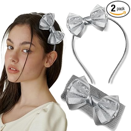 LYKAA Satin Bow Headband and Elastic Hair Band Set for Girls and Toddlers – 2-Piece Soft Hair Accessories – Cute Baby Girl Headbands – Comfortable, Stylish Hair Ties Combo Headband & Stretchable Band (Gray, Medium)