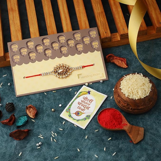 Vending India Designer Rakhi Set In A Kalash Greeting Card Combo
