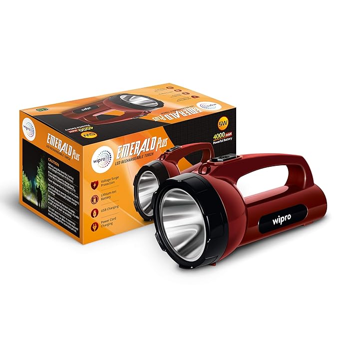 Wipro Emerald Plus Rechargable Torch| 4000 mAh Battery | 16 Hrs Back Up | Bright Output with 5w LED Light | Long Range LED Torch for Outdoor Activities, Home |USB & Power Cord Charging | Pack 1