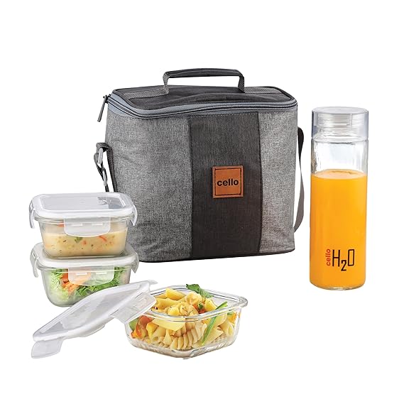 CELLO Glassy Mix Lunch Box Set of 4 | (320ml x 3) & 1 Clear Glass Water Bottle (500ml)