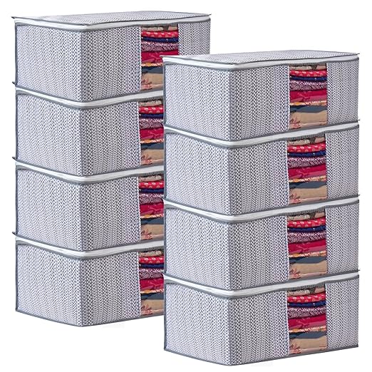 MERAO Non-Woven Printed Saree Covers Cloth Storage/Wardrobe with Transparent Window, Zipper Closure (GREY PACK OF 8)