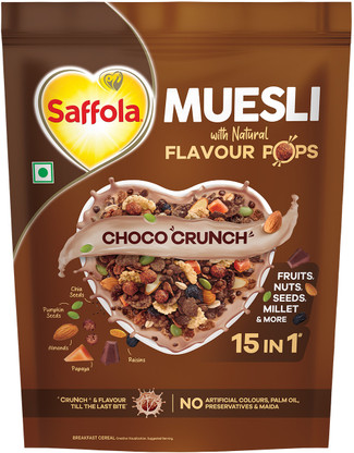 Saffola Muesli Choco Crunch with Flavour Pops, 15 in 1 Fruit, Nuts, Millet & more Pouch (450 g)