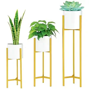Elegance Auraâ„¢ Golden Metal Planters with Stand | Tall Indoor Plant Stand for Living Room Corner, Balcony & Bedroom | Flower Pots & Planters for Home Decor (Set of 3)