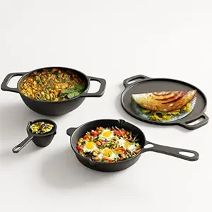 Lifelong Cast Iron Cookware Combo Set | 4-Piece Pre-Seasoned - Tawa (30cm), Kadhai (24cm), Fry Pan (20cm) & Tadka Pan | Naturally Non-Stick | Gas & Induction Compatible, Black