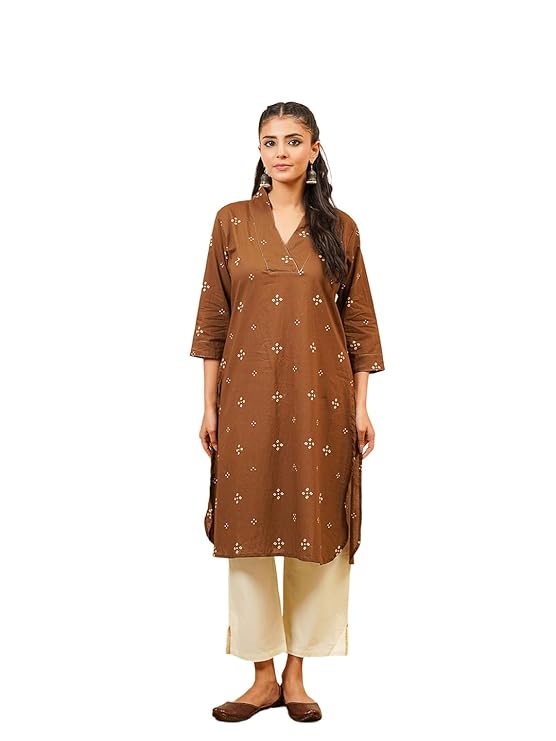 GOODHAND Green Cotton Block Printed Straight Kurta for Women Soft Cotton Fabric
