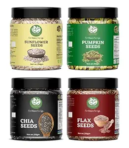 Go Vegan Raw Seeds Combo for Eating - 1kg (Pumpkin, Chia, Sunflower and Flax Seeds - 250gm Each, Pack of 4)