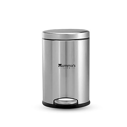 Mumma's LIFE 5L Dustbin for Bathroom with Lid Stainless Steel Silver Pedal Bin with Plastic Inner Bucket & Lid | Round Garbage Bin, Trash Can, Steel Dustbin for Home, Kitchen, Office 7x11 inch