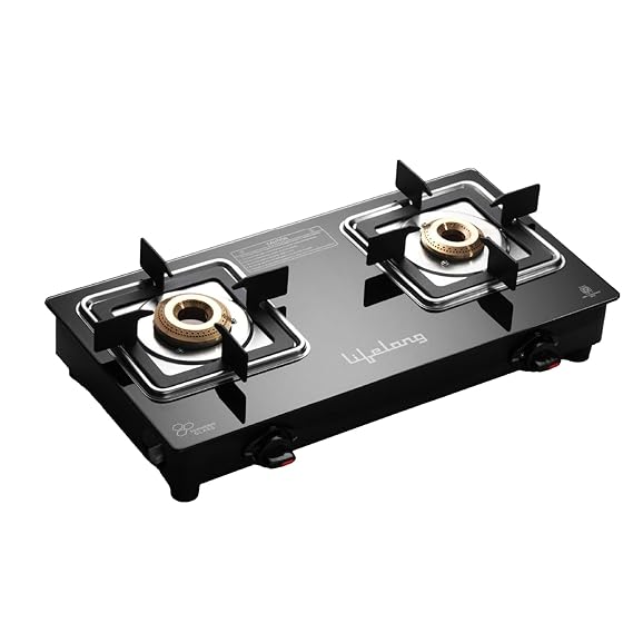 Lifelong 2 Burner Gas Stove for Kitchen, Square Shape Pan Support Manual Ignition Cooktop