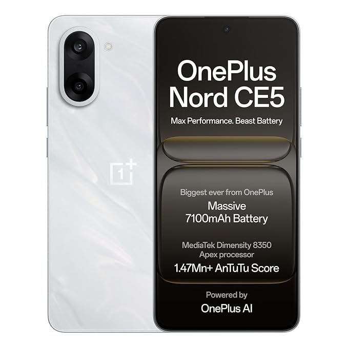 OnePlus Nord CE5 | Massive 7100mAh Battery | MediaTek Dimensity 8350 Apex | Powered by OnePlus AI | 8GB + 128GB | Marble Mist