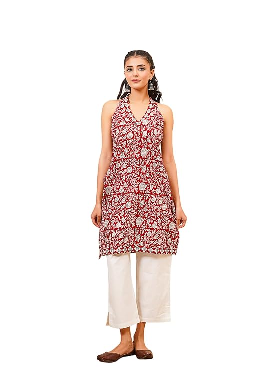 GOODHAND Red Cotton Block Printed Halter Kurti for Women