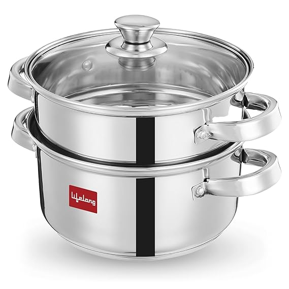 Lifelong 2-Tier Steamer/Momo/Modak Maker | Induction Compitable with Glass Lid & Riveted Handles | 18 cm Stainless Steel Multi-Purpose Cooking Steamer (LLMOM01)