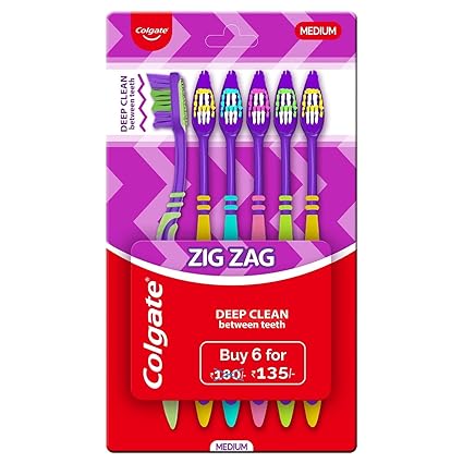 Colgate ZigZag Manual Toothbrush for adults, Pack of 6 Medium Multicolour Soft Tooth brush, Antibacterial with Compact Brush Head for Deep & Complete Cleansing