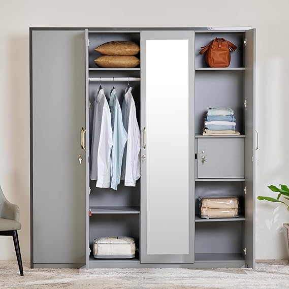 Home Centre Stellar 4-Door Wardrobe with Mirror and Drawer - Grey
