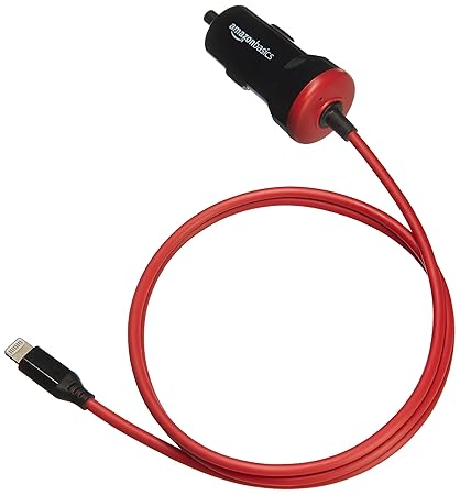 Amazon Basics 5V 2.4A 12W Straight Cable Lightning USB Car Charger Compatible with MP3 Players (3',Black)