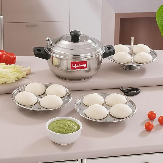 Lifelong Idli Cooker 3 Plate | 12 idlis | Stainless Steel Idli Cooker, Induction and Gas Stove Compatible Idli Maker (LLIDCKR03, Steel Silver)