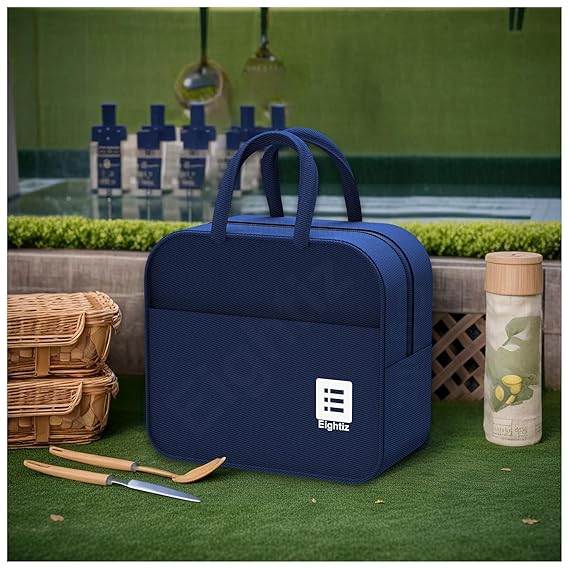 Eightiz Insulated Travel Lunch Bags for Men, Women,Kids, Tiffin,Storage Bag for Office, College & School,Picnic,Outdoor,Trekking,Gym (Blue) (Cotton)