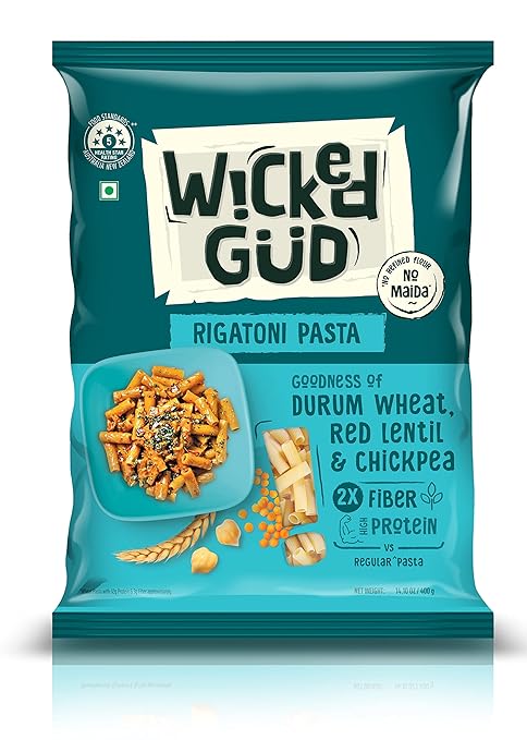 WickedGud 2X Fiber Rigatoni Pasta | No Maida | Durum Wheat Semolina | Brown Rice | Red Lentils | Healthy Diet Pasta - 400gm