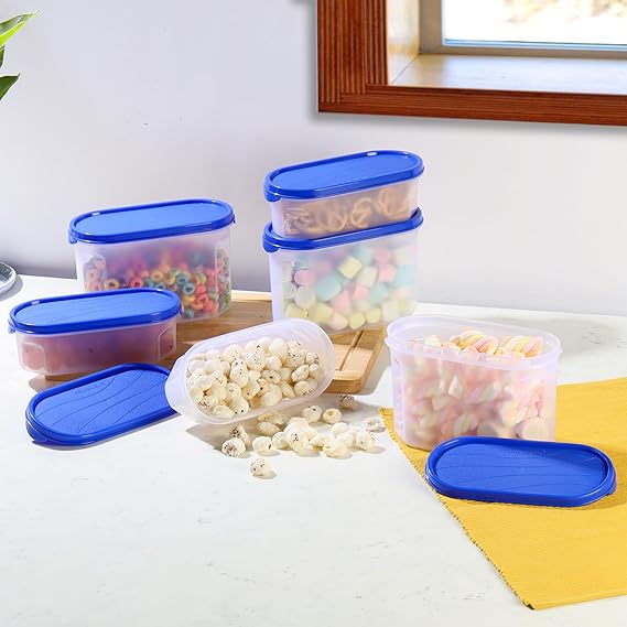 CELLO Modustore Storage Container Set of 6, (600ml x 3, 1200ml x 3), Blue | Food Grade Stackable Airtight Twist Lock Kitchen Fridge Plastic Storage Container Box Set For Grain, Pulses, Spice, Cookies