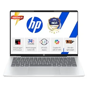HP OmniBook 5 OLED, Snapdragon X Processor (16GB LPDDR5x, 512GB SSD) 2K, 14''/35.6cm, Win11, M365 Basic(1yr)* Office24, Silver, 1.35kg, he0014QU, Light-Weight, Next-Gen AI Laptop