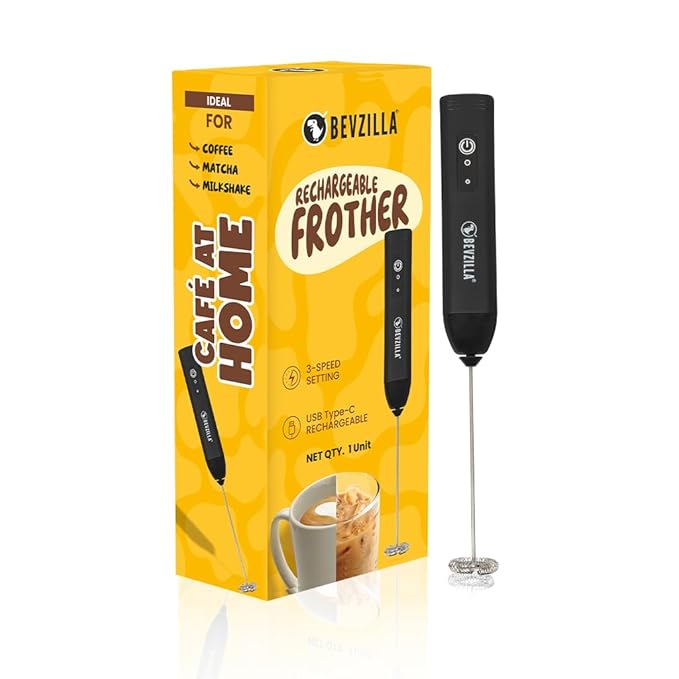 Bevzilla Rechargeable Electric Frother | 3-Speed Handheld Coffee Frother with Type-C Fast Charging | Ideal for Coffee, Matcha & Milkshakes | One-Touch Operation