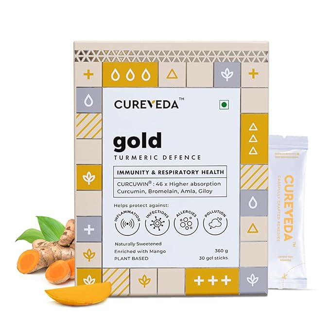 Cureveda Gold Turmeric Curcumin - CURCUWIN 46X Higher Absorption with Bromelain Amla & Giloy For Immunity, Lung Detox Natural Antioxidant For Joint Health Anti inflammatory Supplement 30 Sachets