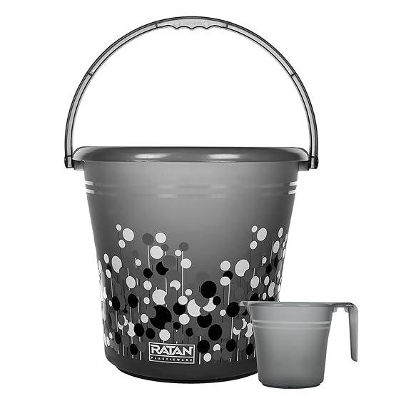 Ratan Plastics Frosty Bubble Print Pack of 2 Bathroom Set (16L Bucket x 1 / 1L Mug x 1) - Smokey