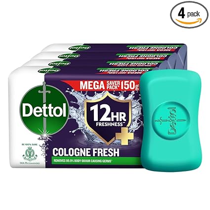 Dettol Cologne Fresh Bathing Soap Bar with 12hr Freshness 150g Pack of 4, (600gm)