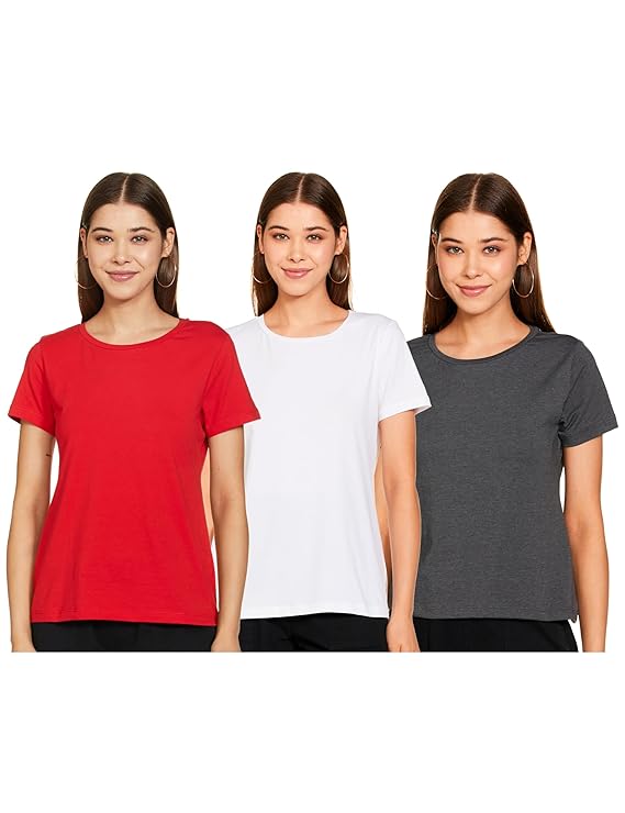 Amazon Brand - Symbol Women Cotton Stretch Half Sleeve Round Neck Regular Fit T-Shirt (Pack of 3)