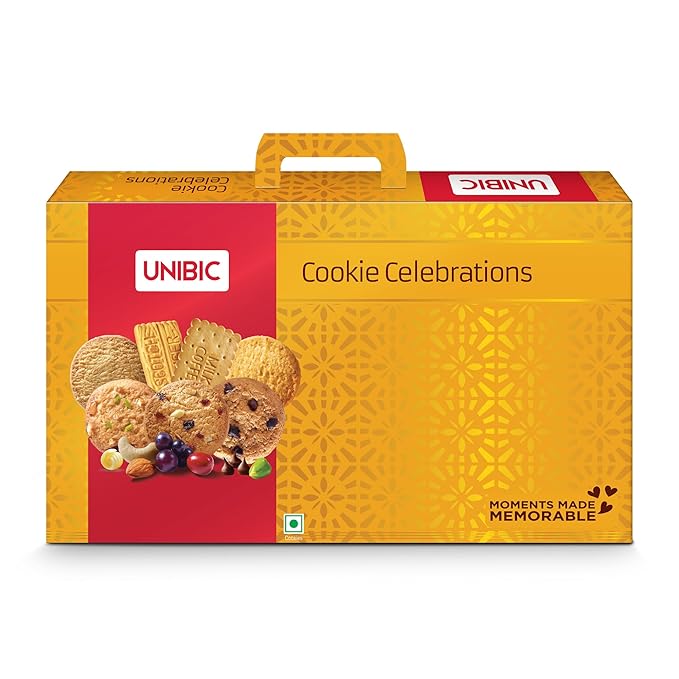 Unibic Celebrations Cookies Gift Pack 700 Grams, Choco Chip, Choco Nut, Scotch Finger, Pista Badam, Honey Oatmeal, Milk Coffee, Nice and Double Chocolate Chip Cookies