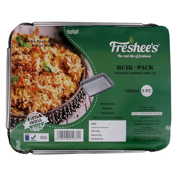 Freshee 1000ml Disposable Aluminium Foil Containers with Lid for Food Storage Baking Roasting Freezing, Pack of 10 Foil Containers, Oven Safe