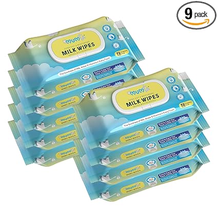 MUMta Milk baby wipes | With 99% Pure Water, Milk and Probiotics- 648 wipes| Plant Based Fabric for Sensitive Skin| Prevents irritation & rashes.(72 Each, Pack of 9)