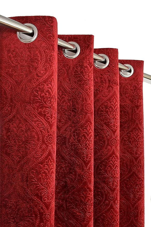 Kiara Creations 1 Piece Velvet Emboss Damas Room Darkening Maroon, Floral, Opaque, Grommet Curtains for Window 5 Feet