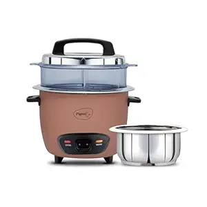 Pigeon Inox Pro Rice Cooker with Steamer, 1.8 litres | Stainless Steel Lid | 700 Watts | 1 Steel Cooking Pot | Measuring Cup | Spatula | Energy Efficient Cooking (Pink)