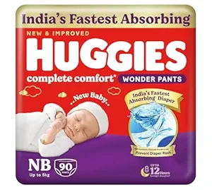 Huggies Complete Comfort Wonder Pants | Pant Style Baby Diapers Newborn Size, 90 Count | India's Fastest Absorbing Diaper, Prevents Diaper Rash, Ideal for 0-5 Kgs