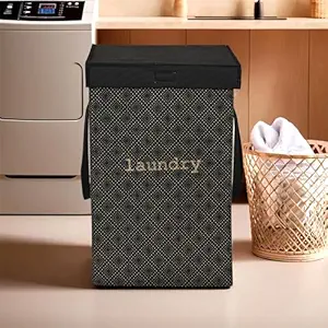 Kuber Industries Non Woven Clothes Basket (75 Ltr) Toy Storage Box | Foldable Laundry Bag | Lid & Handles | Clothes Dress Bin | Washing Cloth Basket | Golden Dot | Dhakkan Box | Black, 370 Mm, 530 Mm