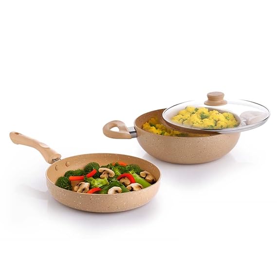Crystal 225mm Kadai + 225mm Fry Pan with Glass Lid | 2Pcs Set| Sandal Wood