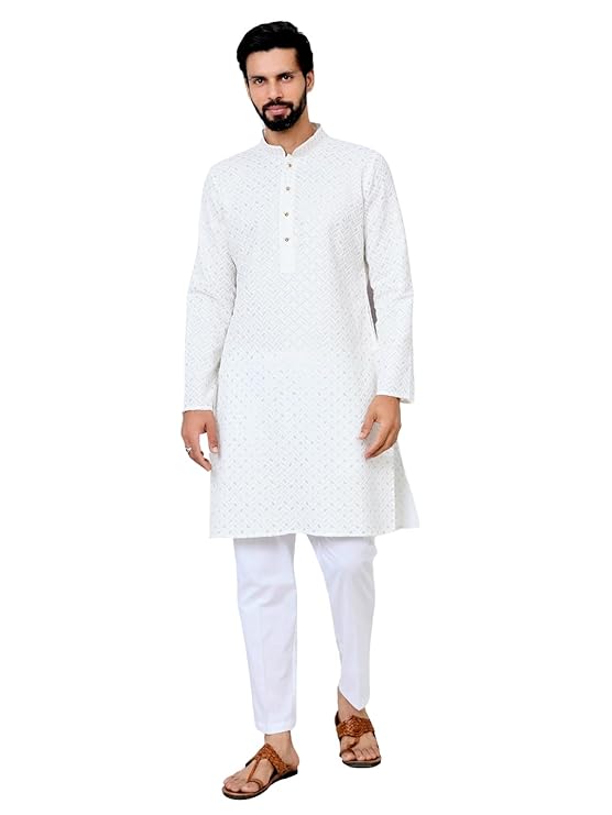 See Designs Men's Full Sleeve Mandarin Collar Embroidered Thread Work Sequinned Rayon Straight Long Kurta - Festive Collection | Dussehra & Diwali Collection