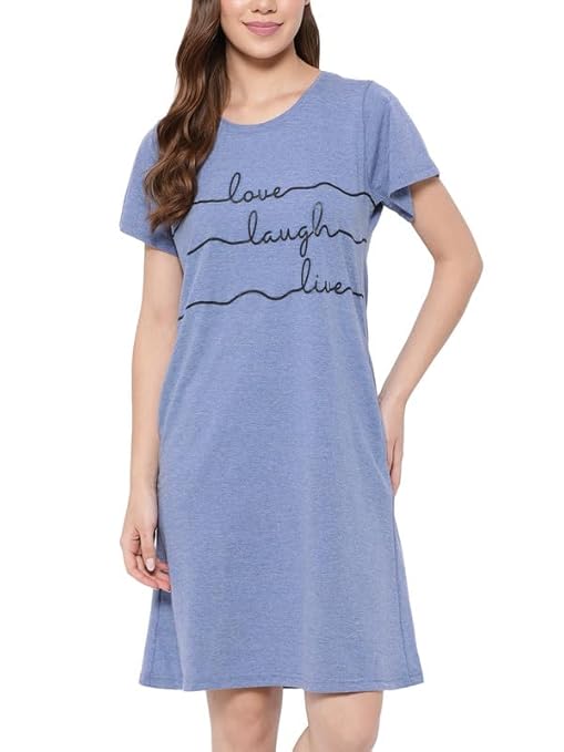 Clovia Women's Cotton Printed Short Night Dress - Blue