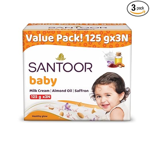Santoor Baby Bathing Bar Soap with Milk Cream, Saffron, & Almond Oil