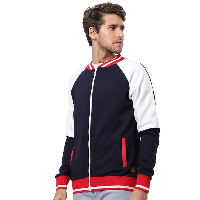 Campus Sutra Men's Blue & Red Colour-Blocked Solid Regular Fit Cotton Varsity Jacket