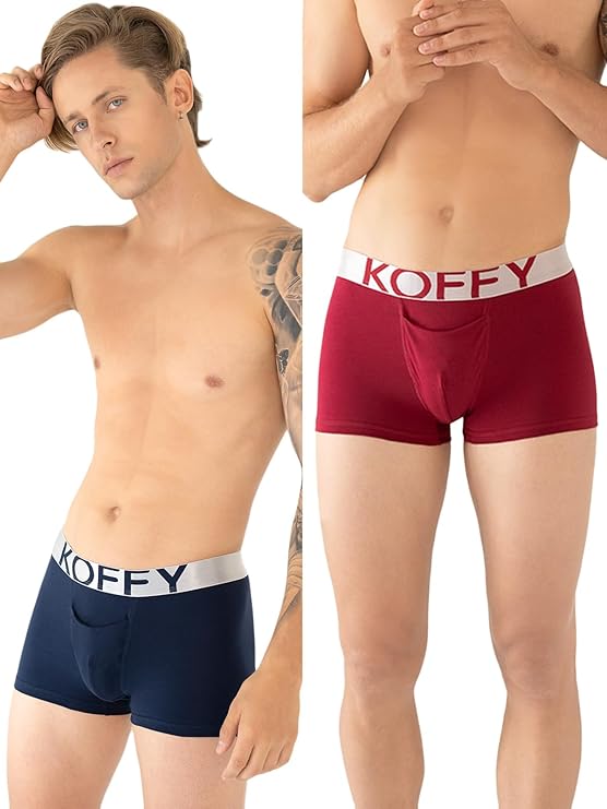 KOFFY Men's Premium Cotton Lycra Mini Trunk with Minus Cutting Pouch I Silver Metallic Elastic I 4 Way Stretch I Wrinkle Free